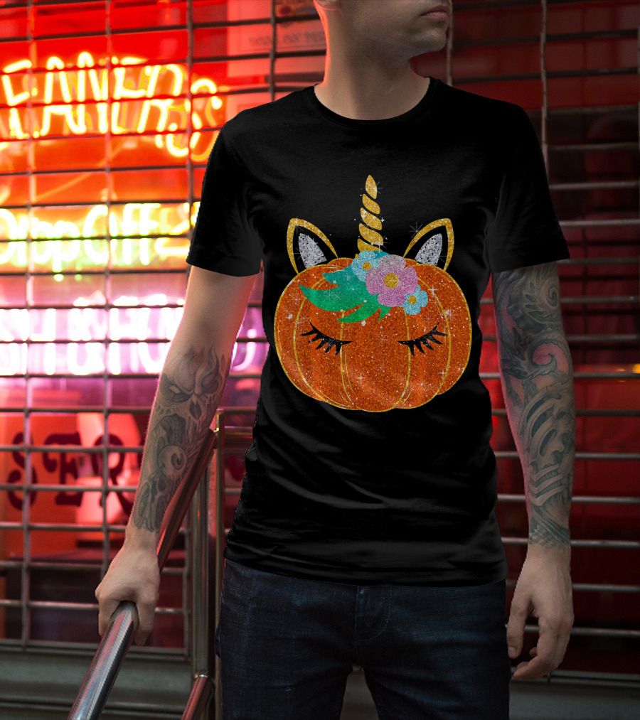 Sparkly Unicorn Pumpkin Halloween T-Shirt