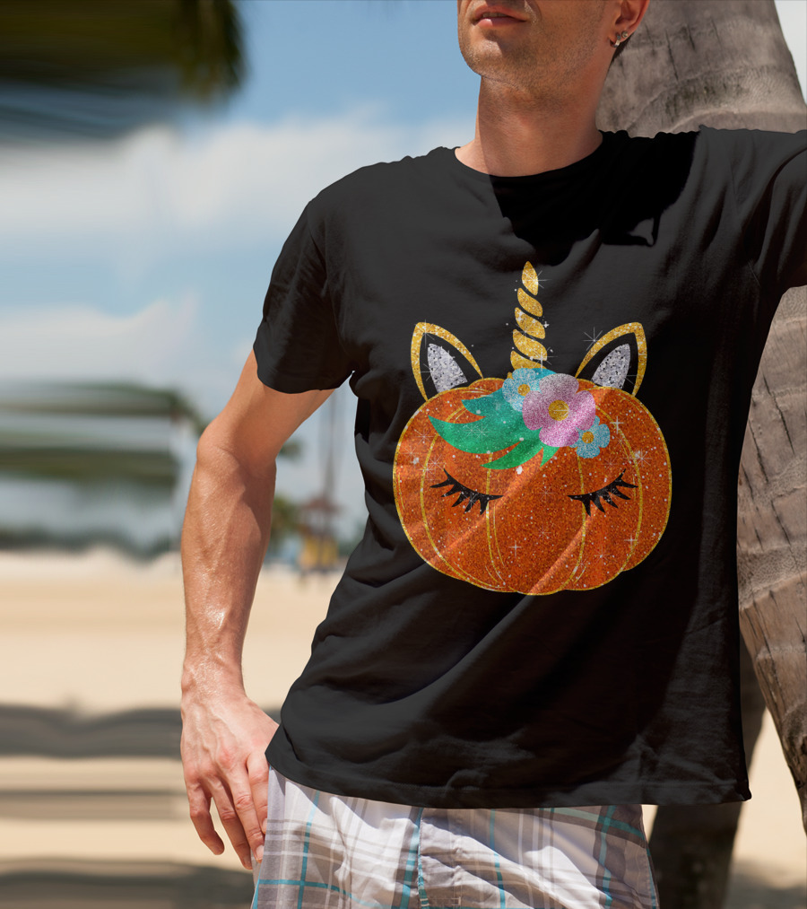 Sparkly Unicorn Pumpkin Halloween T-Shirt