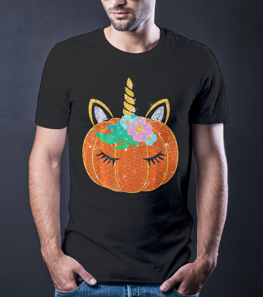 Sparkly Unicorn Pumpkin Halloween T-Shirt