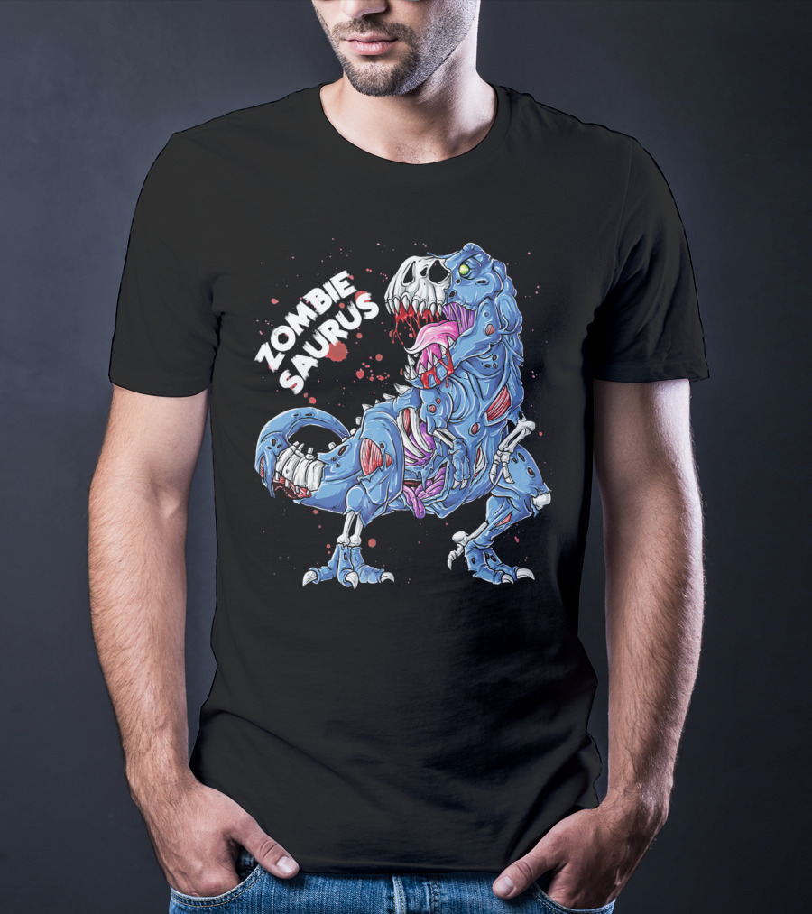 Zombie Saurus Halloween Kids Dinosaur Skeleton Blue T-Shirt