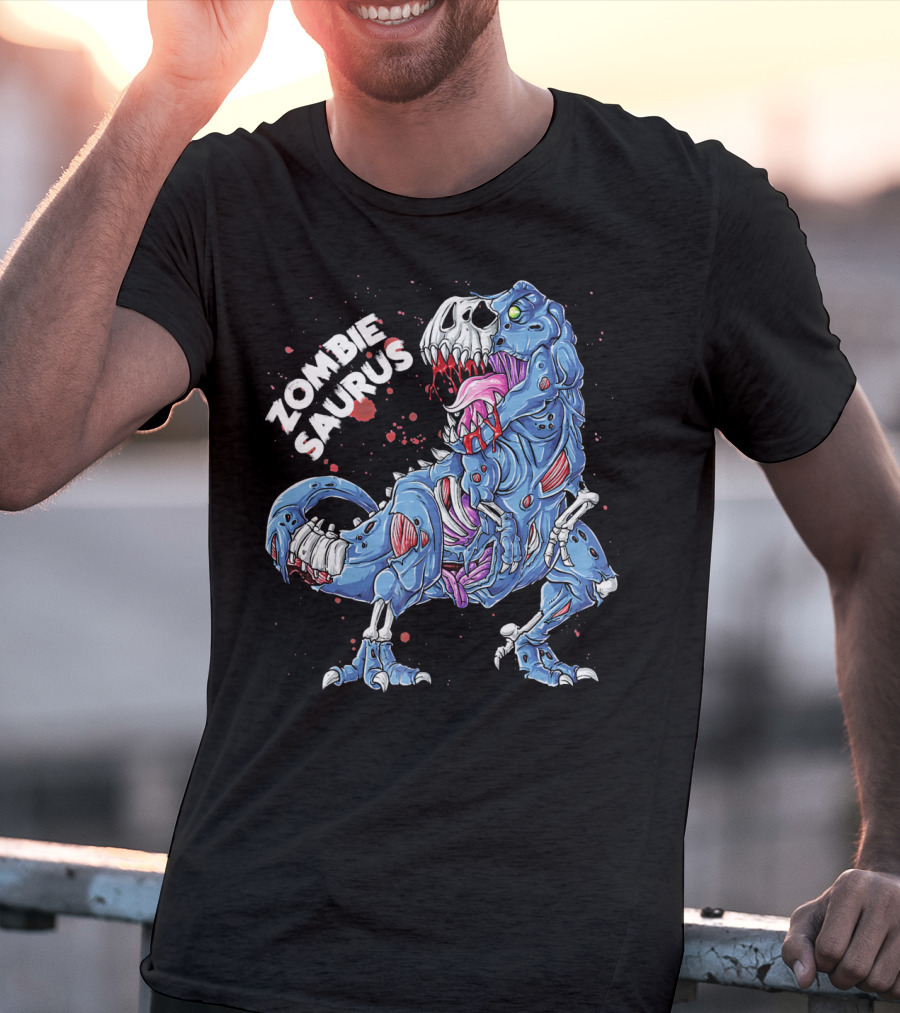 Zombie Saurus Halloween Kids Dinosaur Skeleton Blue T-Shirt