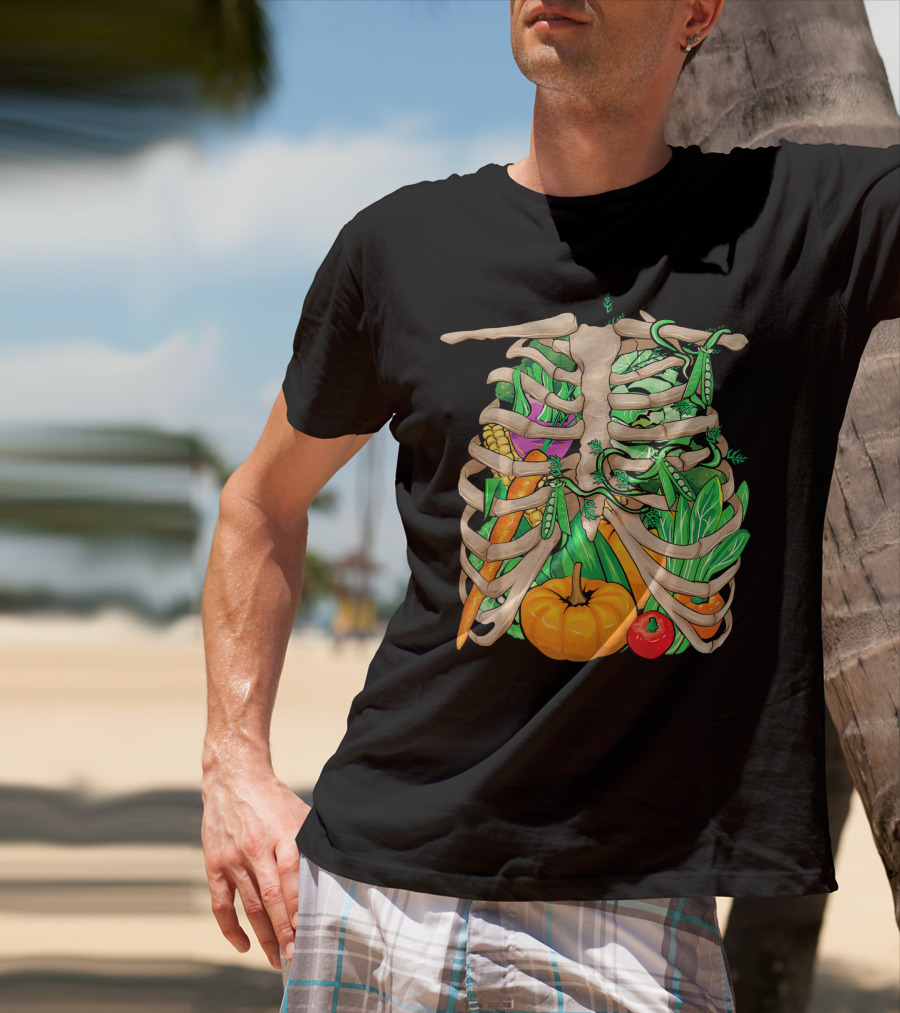 Cool Vegetable Skeleton Halloween Costume Vegetables Ribs Pumpkin Peas Corn Carrot T-Shirt