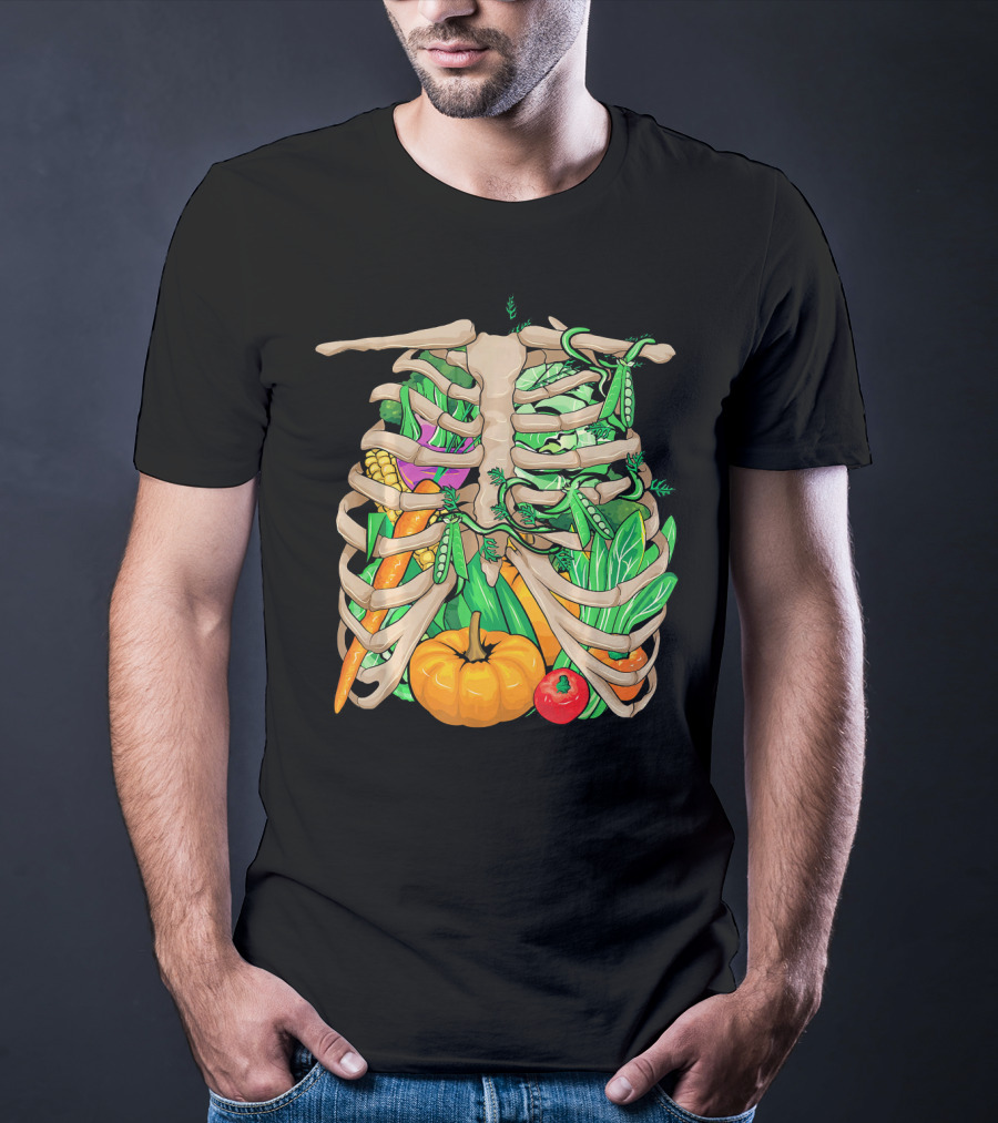 Cool Vegetable Skeleton Halloween Costume Vegetables Ribs Pumpkin Peas Corn Carrot T-Shirt