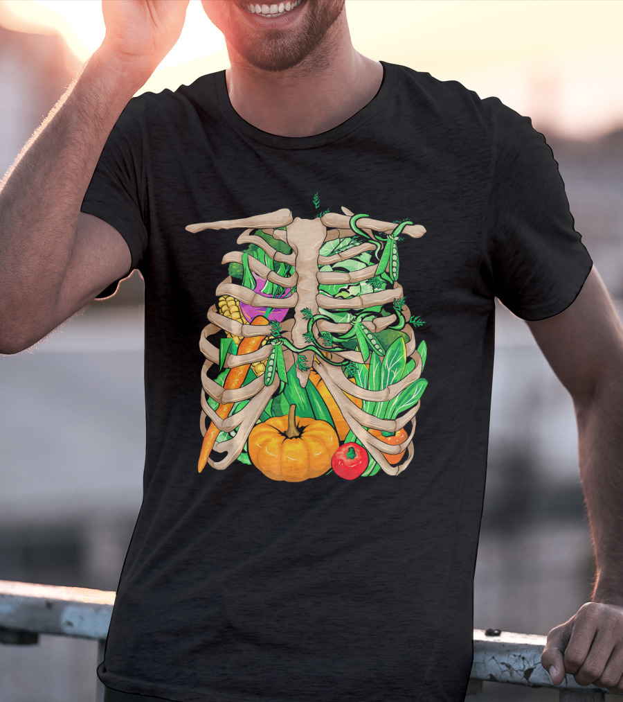 Cool Vegetable Skeleton Halloween Costume Vegetables Ribs Pumpkin Peas Corn Carrot T-Shirt