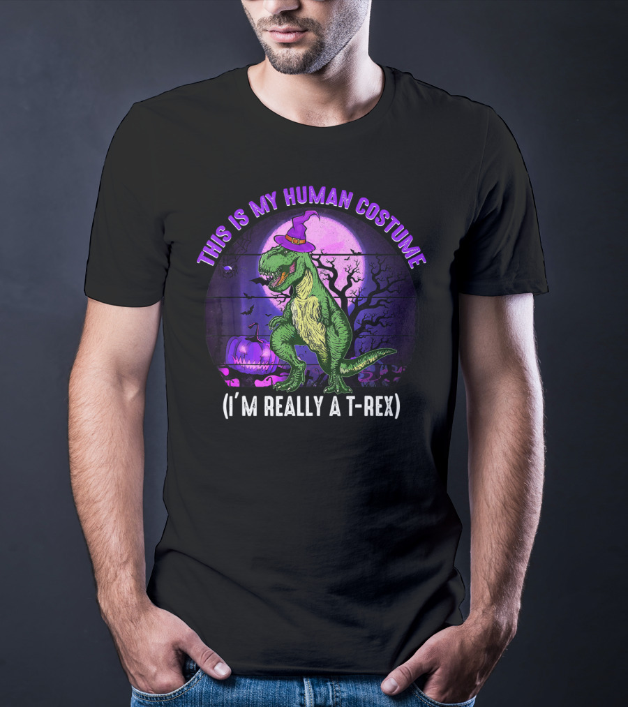 This Is My Human Costume I'm Really A T-Rex Funny Dinosaur Halloween Moon Wizard Hat T-Shirt