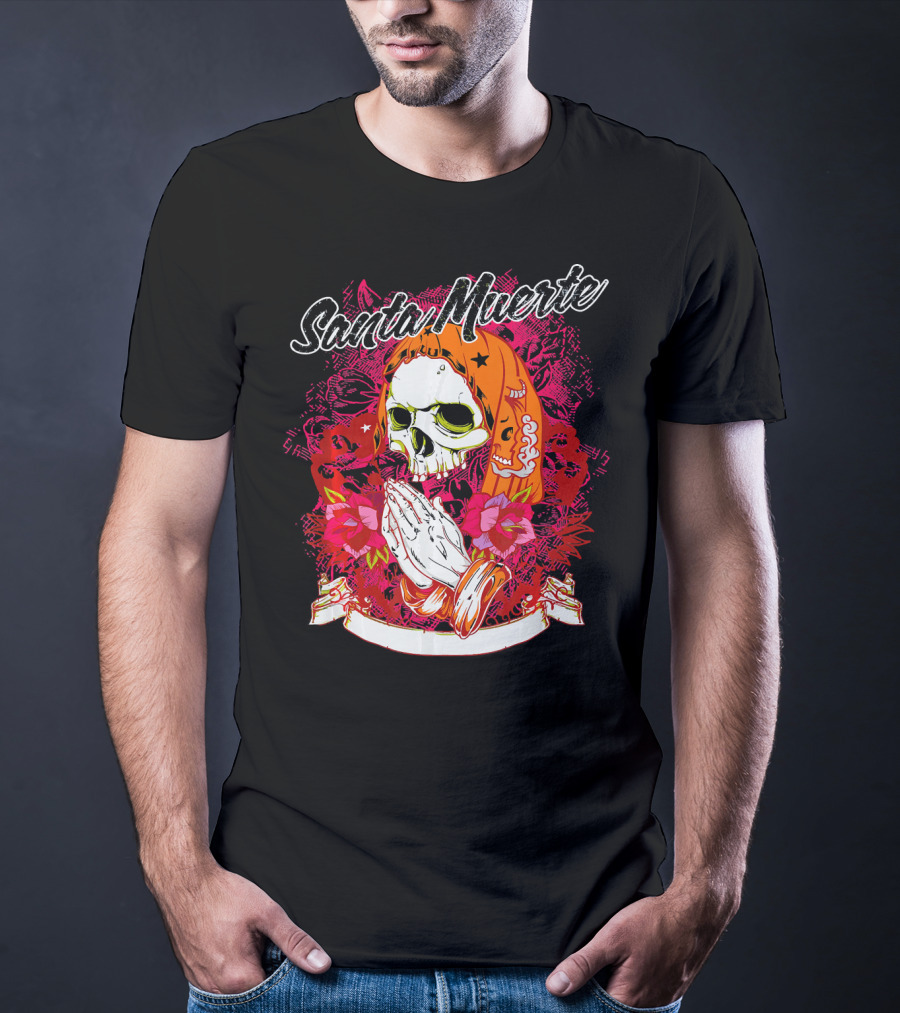 Santa Muerte Mexican Day Of The Dead Praying Skull With Flowers T-Shirt