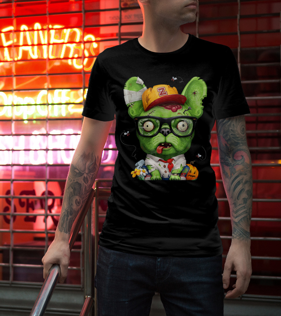 French Bulldog Wearing Zombie Glasses Halloween Hat T-Shirt