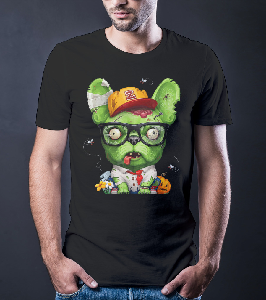 French Bulldog Wearing Zombie Glasses Halloween Hat T-Shirt