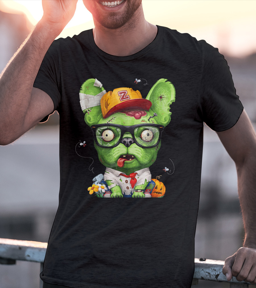 French Bulldog Wearing Zombie Glasses Halloween Hat T-Shirt