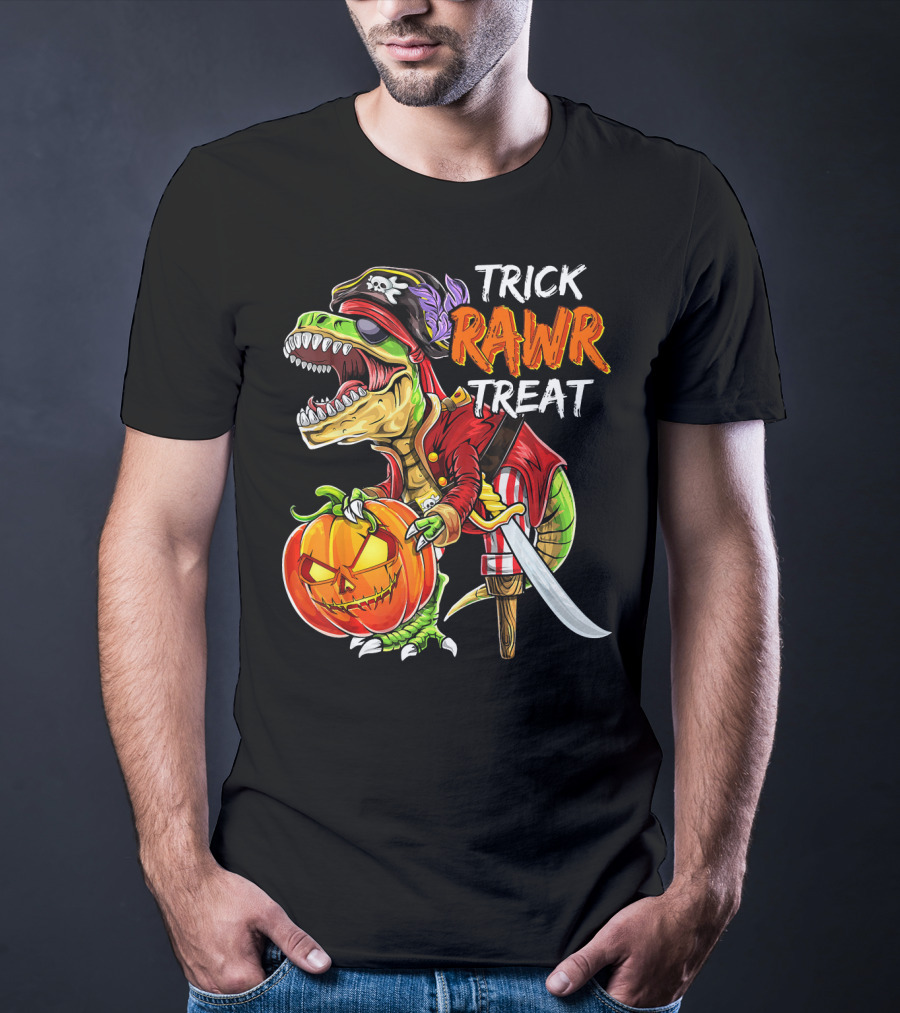 Trick Rawr Treat Pirate Dinosaur Halloween Pumpkin Jack T-Shirt