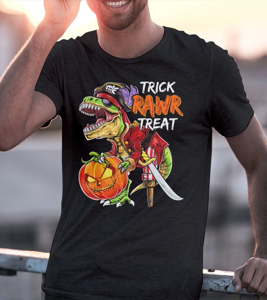 Trick Rawr Treat Pirate Dinosaur Halloween Pumpkin Jack T-Shirt