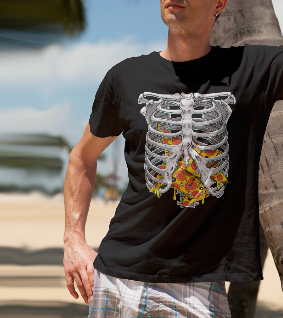 Skeleton Rib Cage Halloween Pizza Slices Inside T-Shirt
