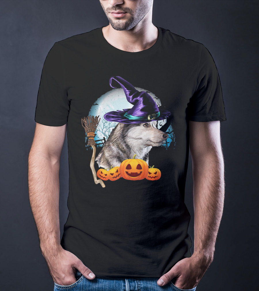 Husky In Witch Hat With Pumpkins And Broom Halloween Scene T-Shirt
