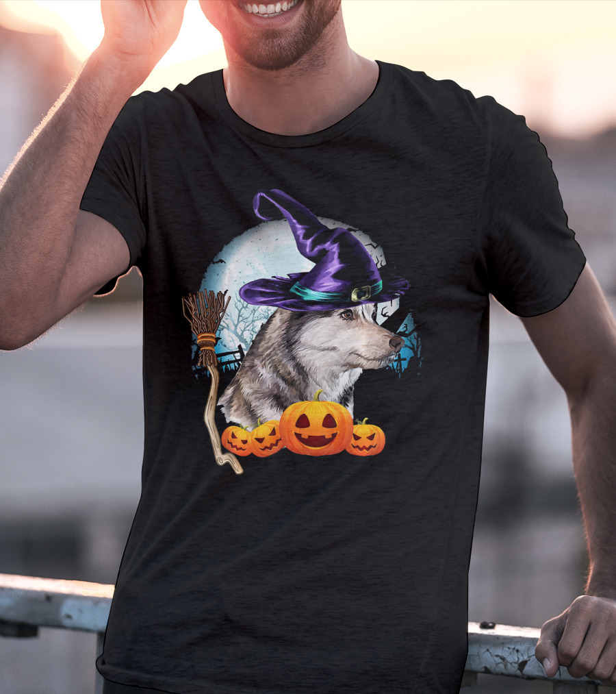 Husky In Witch Hat With Pumpkins And Broom Halloween Scene T-Shirt