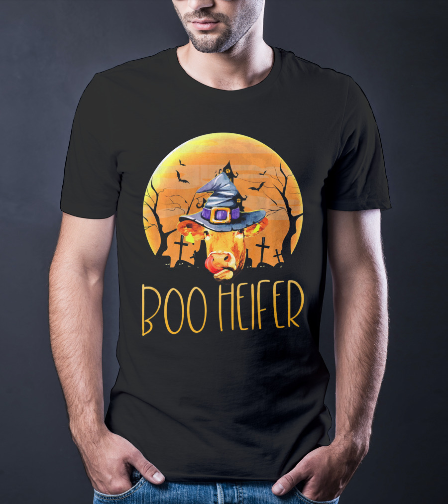 Boo Heifer Halloween Cow In Witch Hat With Graveyard And Bats T-Shirt