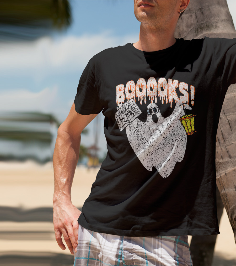 Booooks Spooky Ghost With Open Scary Book And Lantern T-Shirt