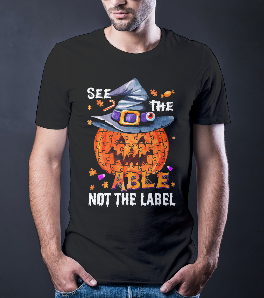 See The Able Not The Label Autism Awareness Halloween Pumpkin Puzzle Hat T-Shirt