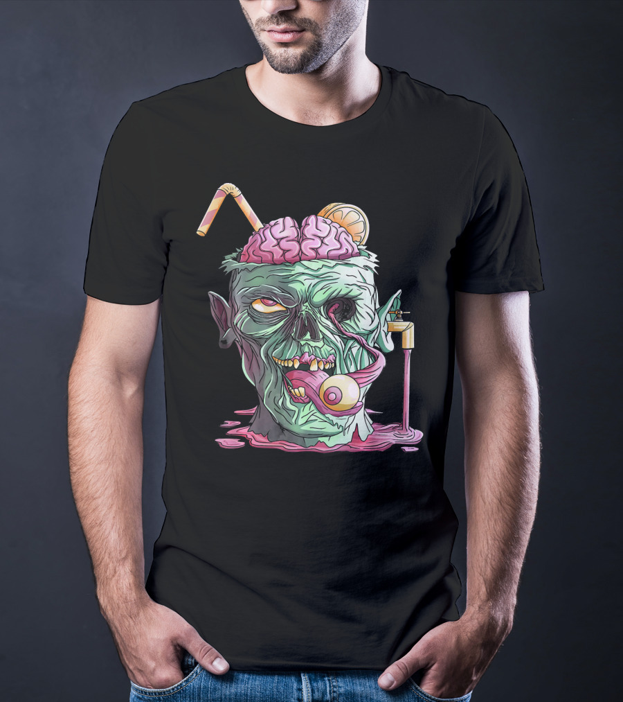 Zombie Face Brain Halloween Zombies Straw Brain Drink Eyeball Tongue T-Shirt