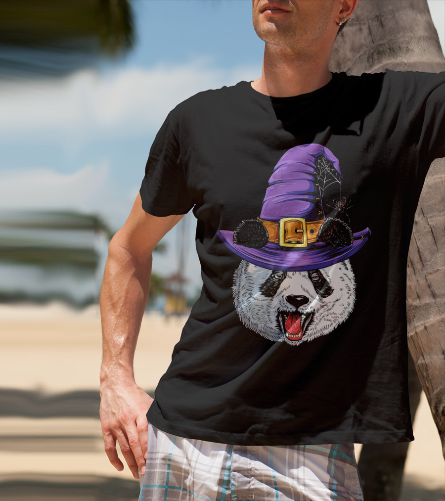 Panda Wearing Witch Hat With Spider Halloween T-Shirt