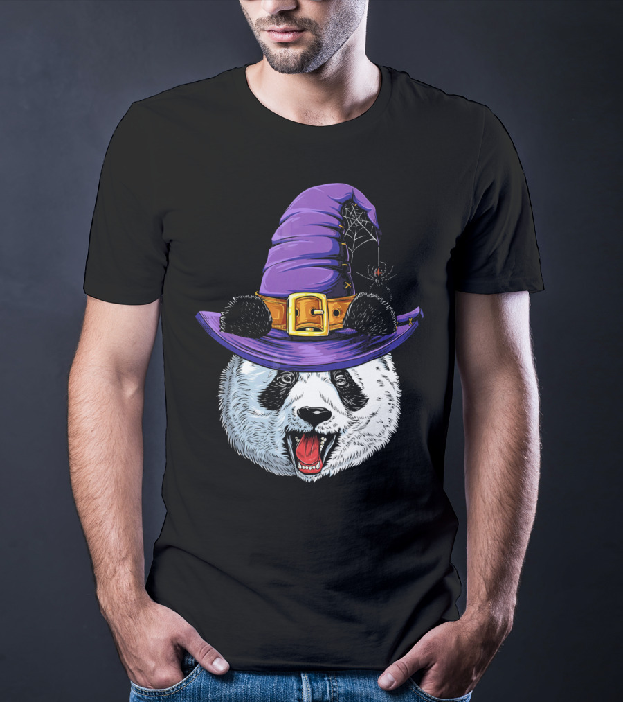 Panda Wearing Witch Hat With Spider Halloween T-Shirt