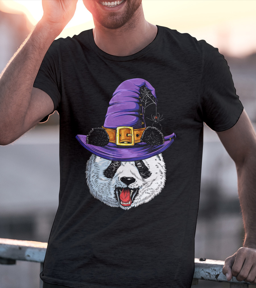 Panda Wearing Witch Hat With Spider Halloween T-Shirt