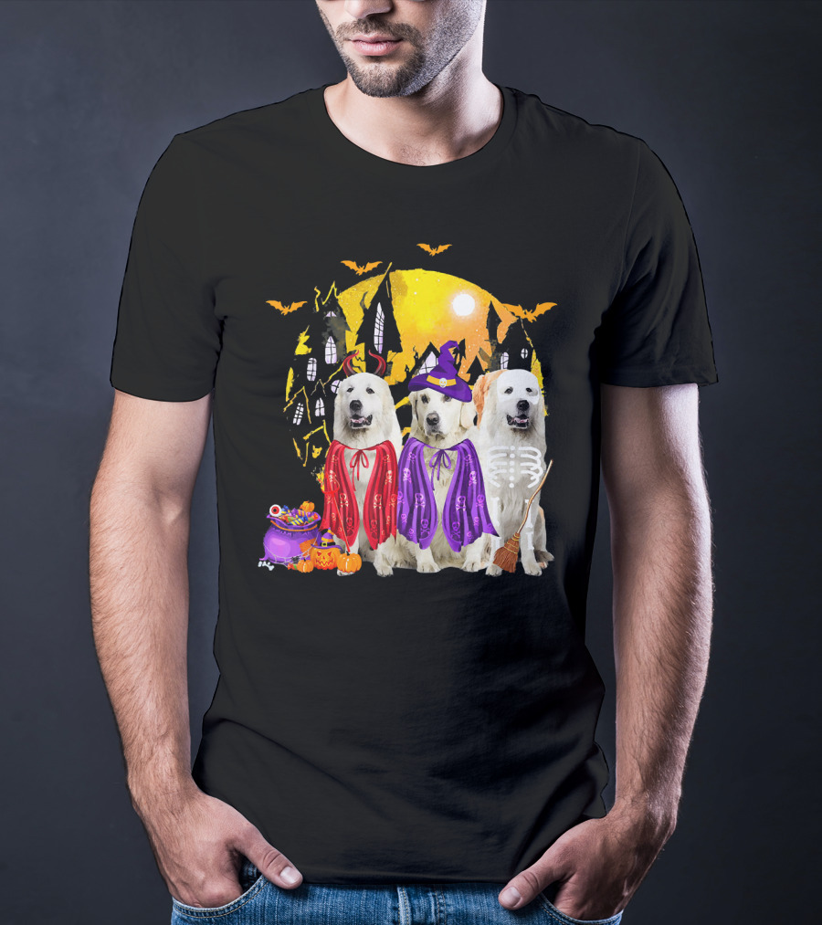 Great Pyrenees Dog Family Of Three Halloween Costumes Moonlit Night T-Shirt