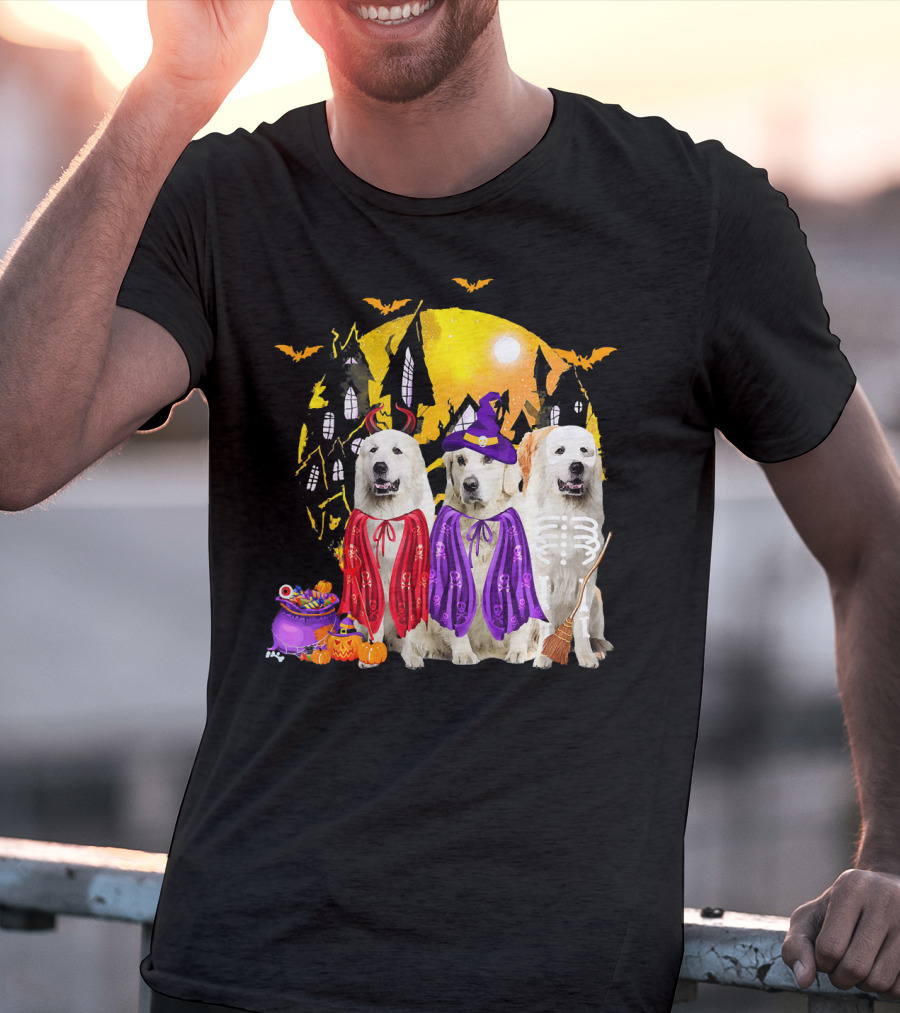 Great Pyrenees Dog Family Of Three Halloween Costumes Moonlit Night T-Shirt