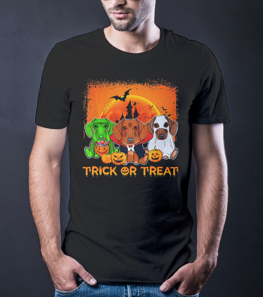 Halloween Dachshund Trio Trick Or Treat With Pumpkins And Moon Background T-Shirt