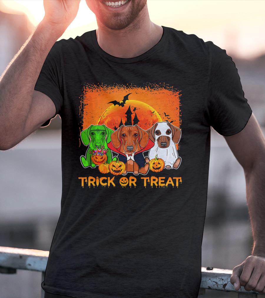 Halloween Dachshund Trio Trick Or Treat With Pumpkins And Moon Background T-Shirt
