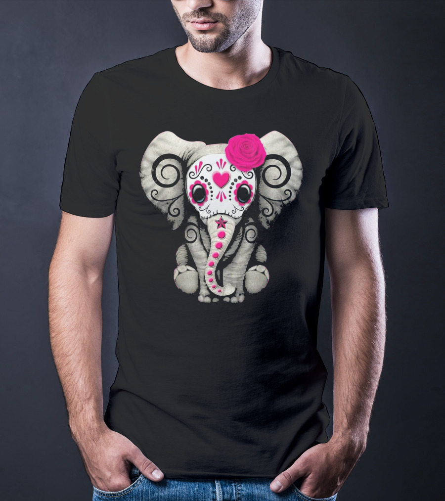 Dead Sugar Skull Elephant Pink Flower T-Shirt