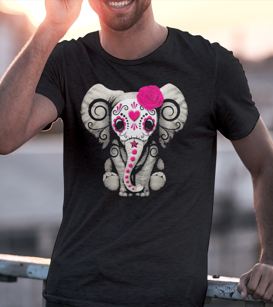Dead Sugar Skull Elephant Pink Flower T-Shirt