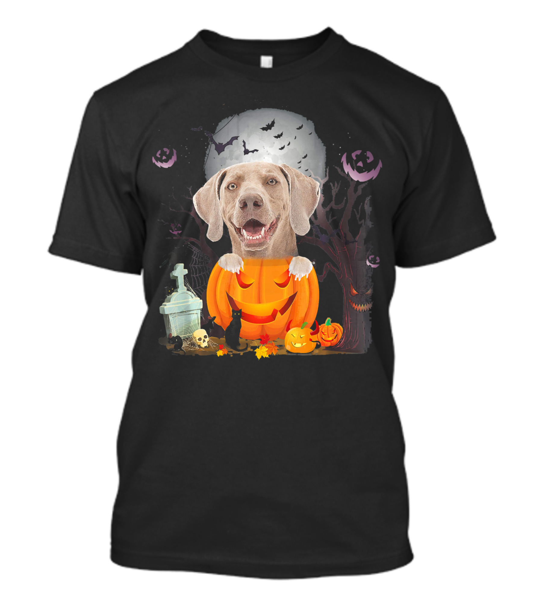 Weimaraner Dog In Halloween Pumpkin With Bats And Black Cat T-Shirt