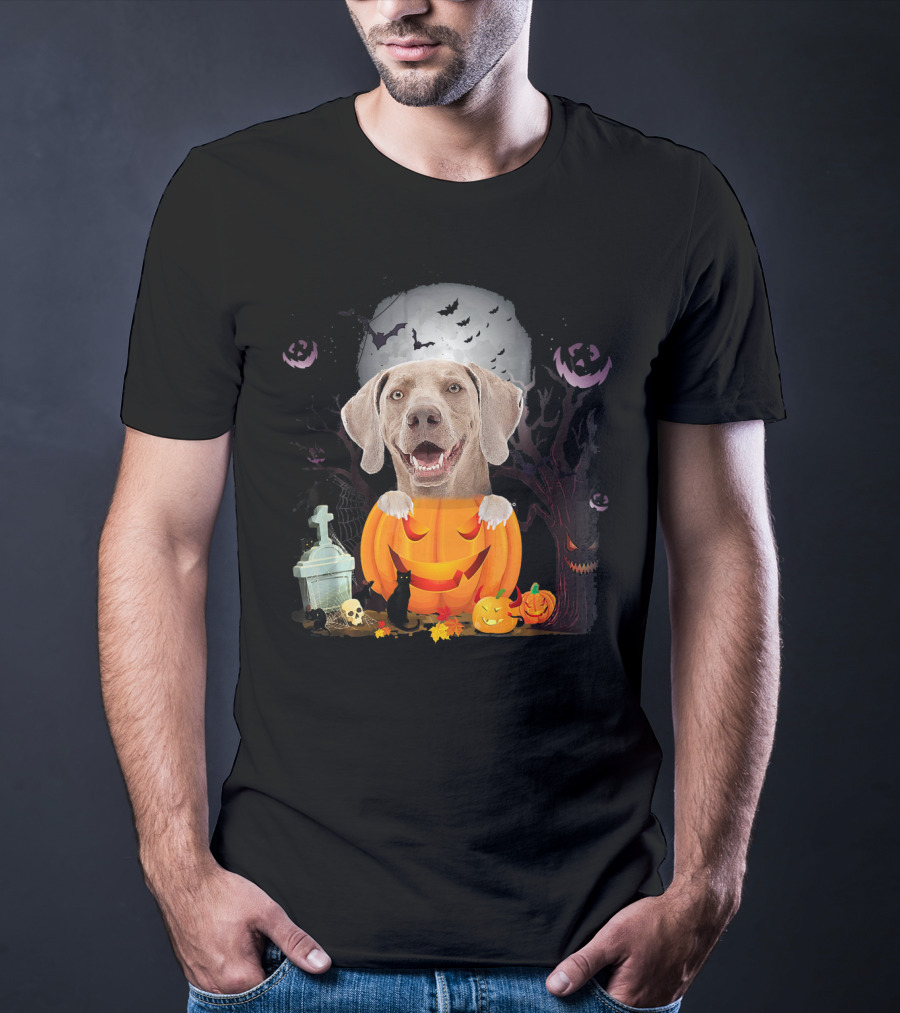 Weimaraner Dog In Halloween Pumpkin With Bats And Black Cat T-Shirt