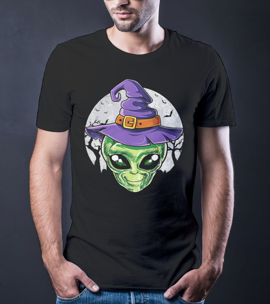 Alien Witch Hat With Moon And Bats T-Shirt