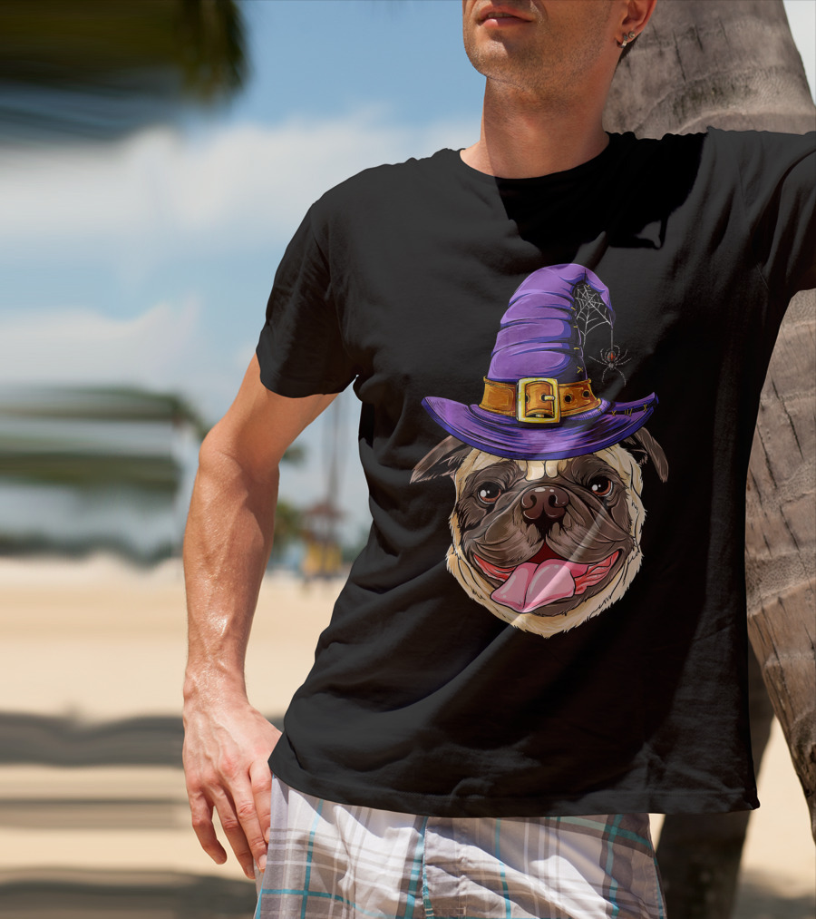 Pug With Witch Hat And Spider Halloween T-Shirt