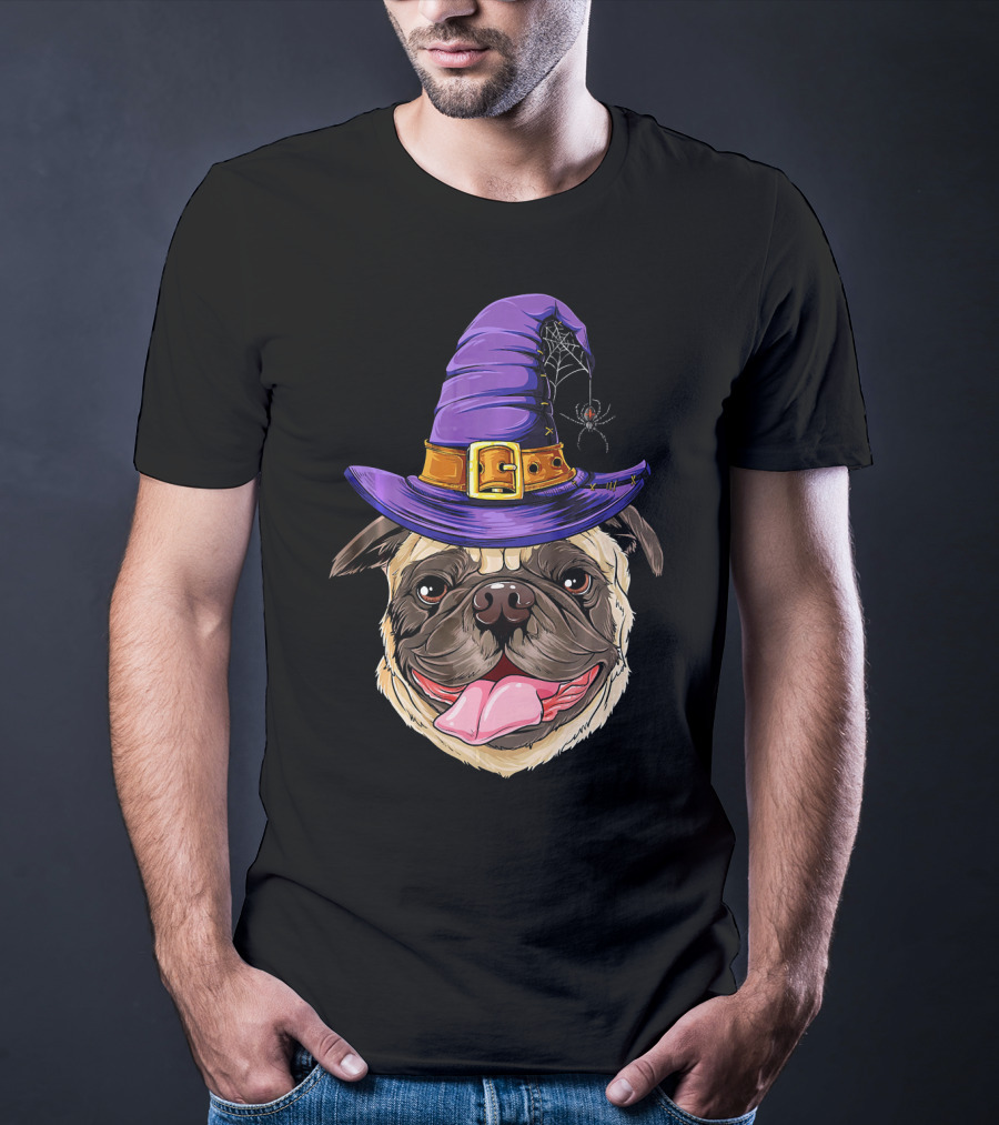 Pug With Witch Hat And Spider Halloween T-Shirt