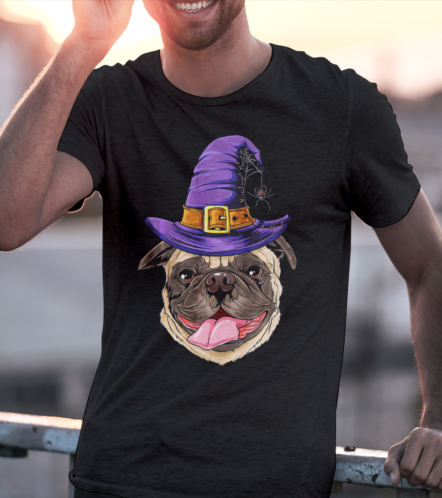 Pug With Witch Hat And Spider Halloween T-Shirt