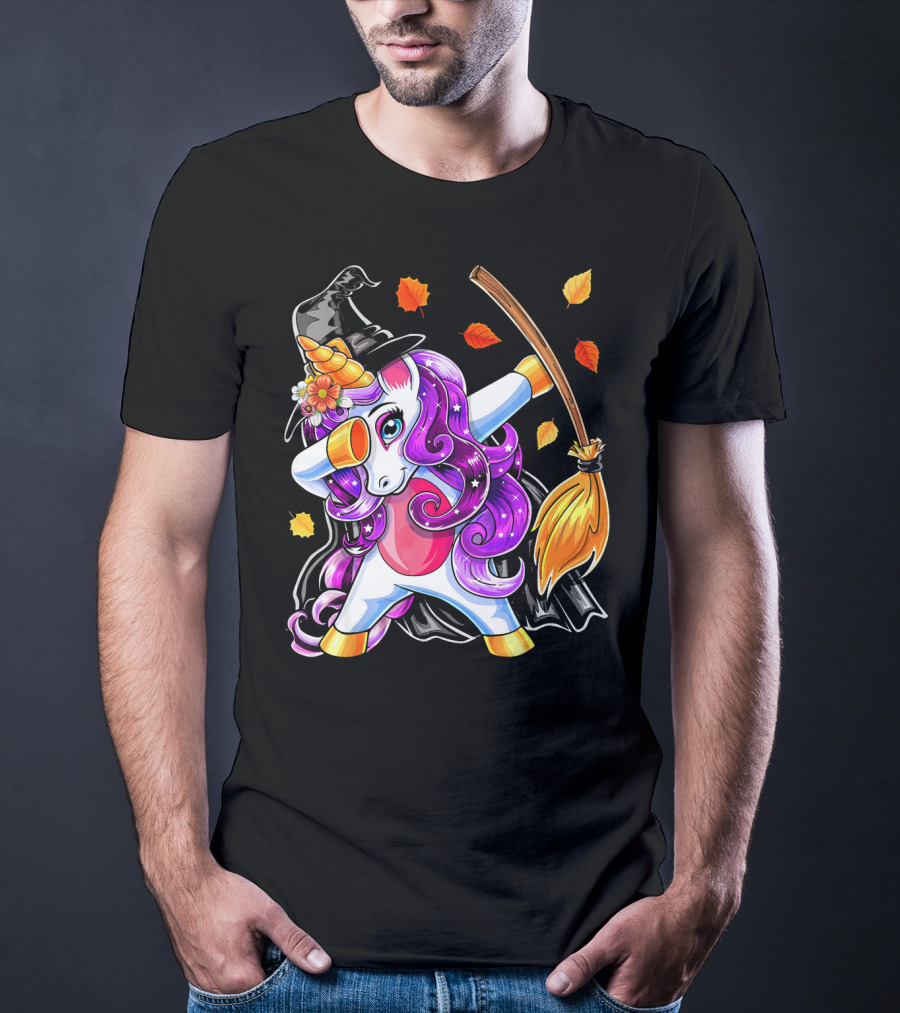 Dabbing Unicorn Halloween Witch With Magical Broom And Autumn Leaves T-Shirt