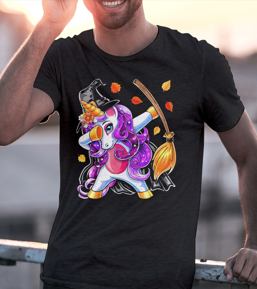 Dabbing Unicorn Halloween Witch With Magical Broom And Autumn Leaves T-Shirt