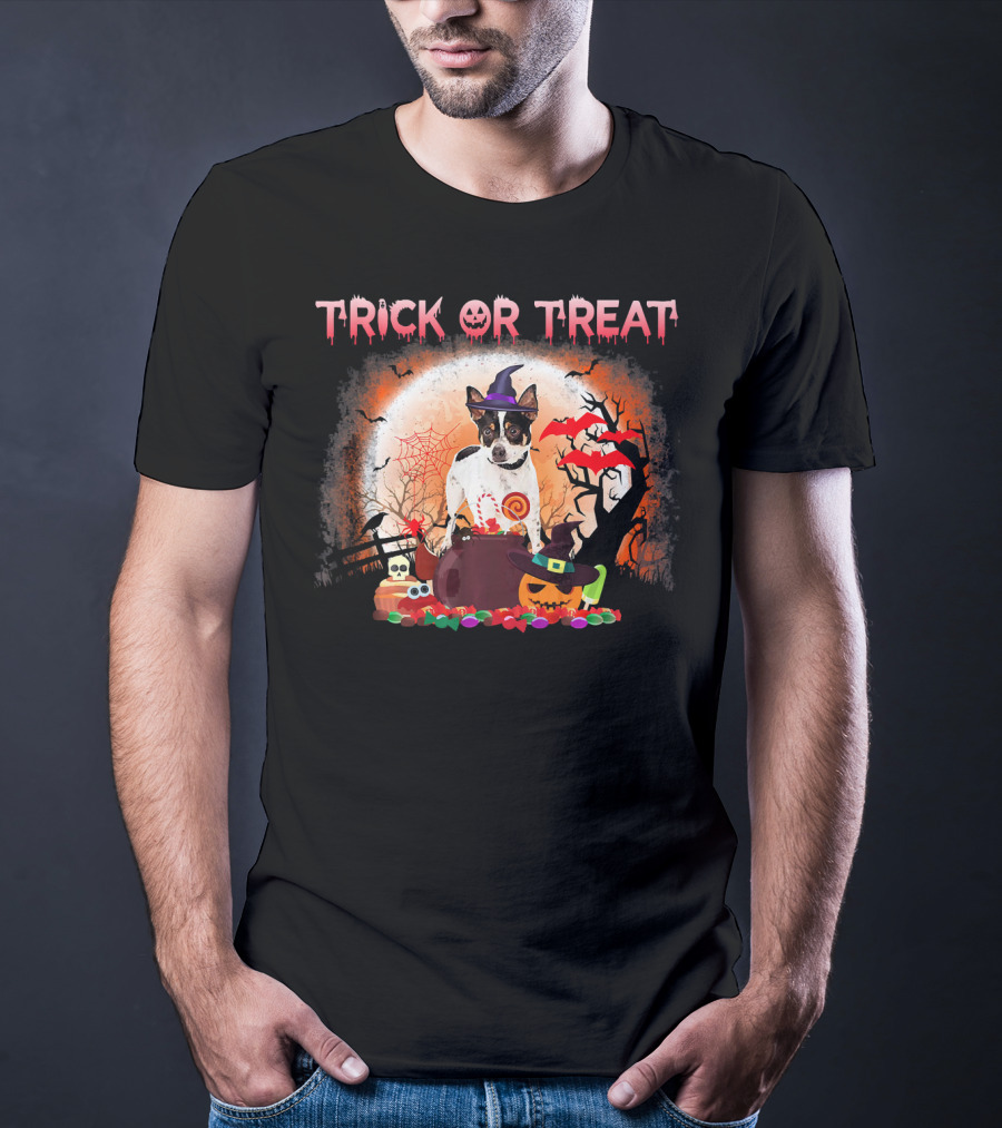 Trick Or Treat Rat Terrier Halloween With Witch Hat, Bats, And Pumpkins T-Shirt