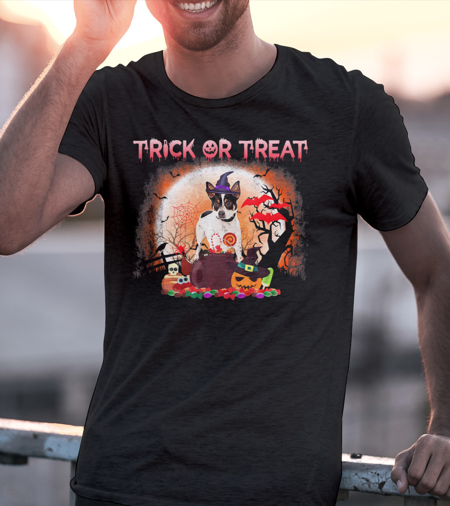 Trick Or Treat Rat Terrier Halloween With Witch Hat, Bats, And Pumpkins T-Shirt