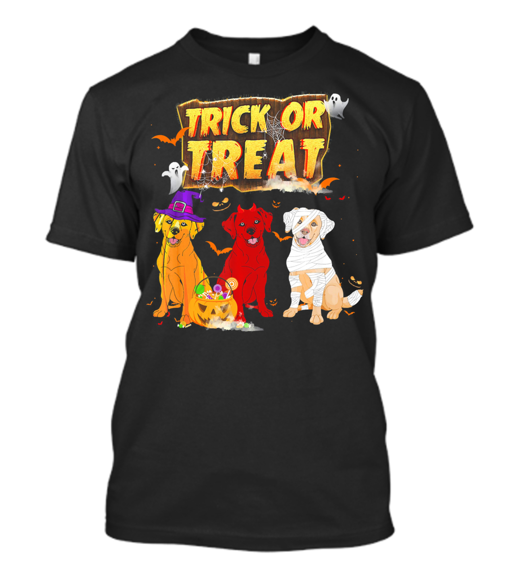 Trick Or Treat Three Labrador Retrievers Halloween Pumpkin Candy Ghosts T-Shirt