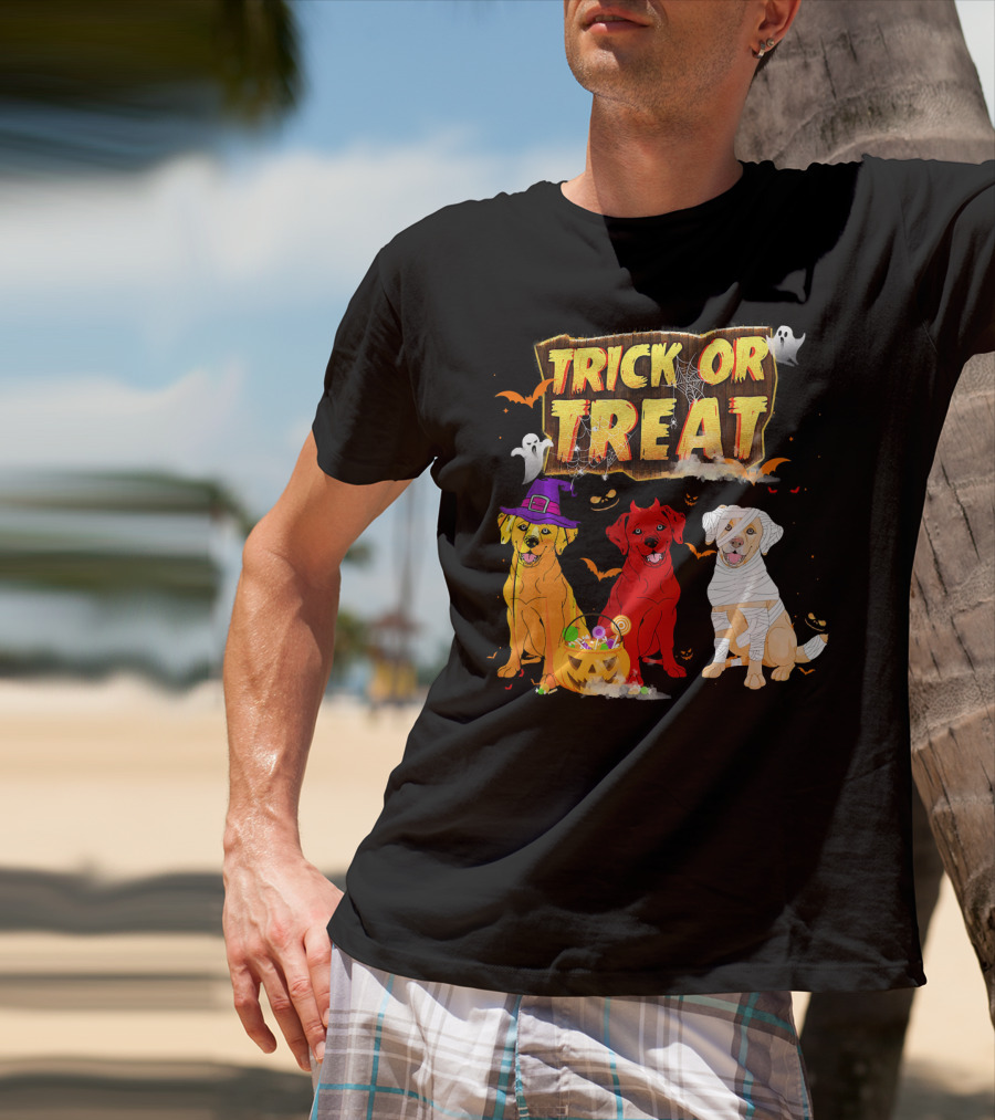 Trick Or Treat Three Labrador Retrievers Halloween Pumpkin Candy Ghosts T-Shirt