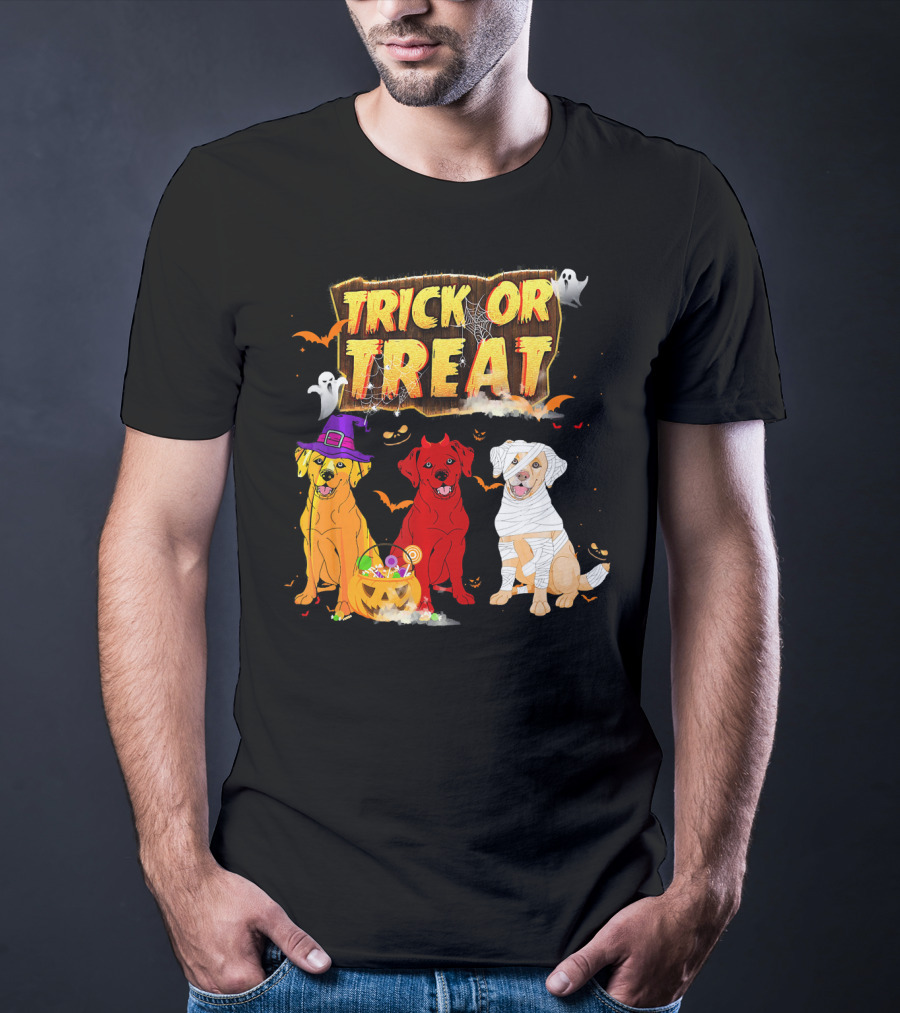 Trick Or Treat Three Labrador Retrievers Halloween Pumpkin Candy Ghosts T-Shirt