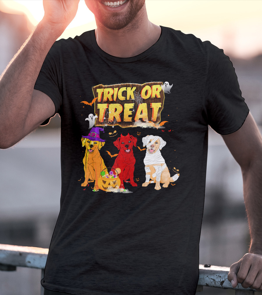 Trick Or Treat Three Labrador Retrievers Halloween Pumpkin Candy Ghosts T-Shirt