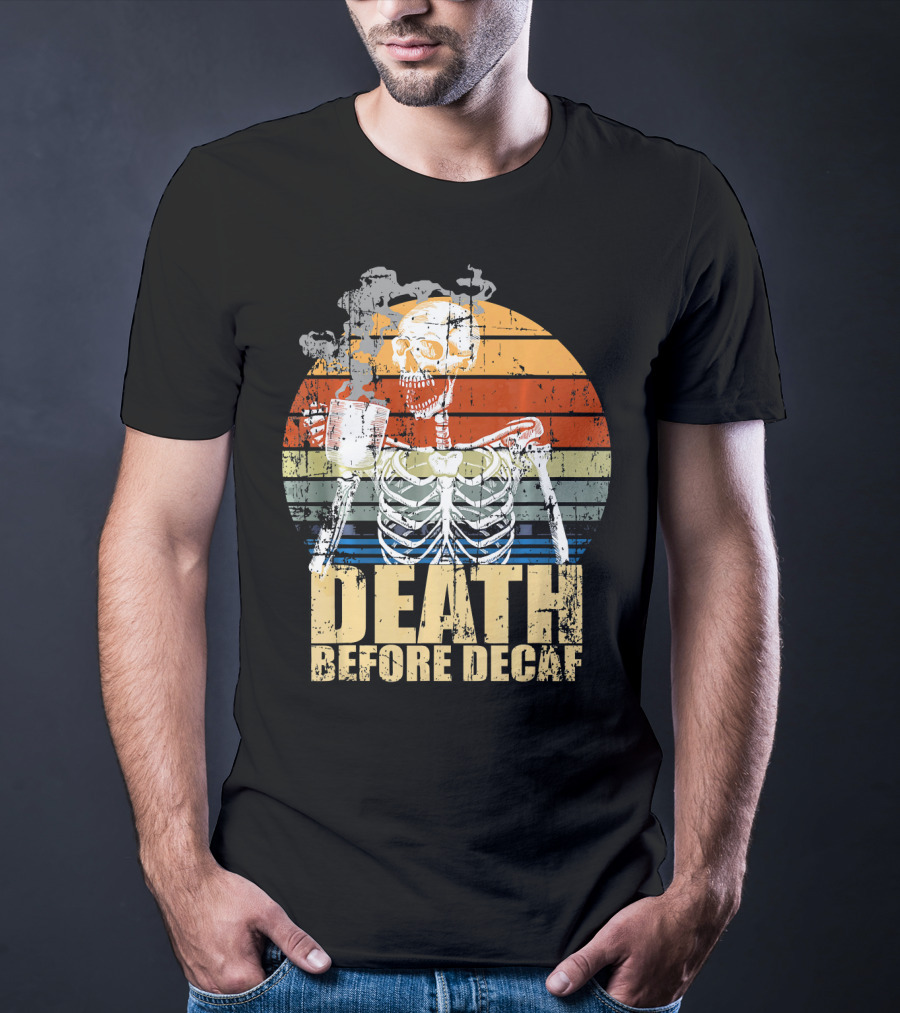 Vintage Death Before Decaf Coffee Skeleton Retro Sunset T-Shirt
