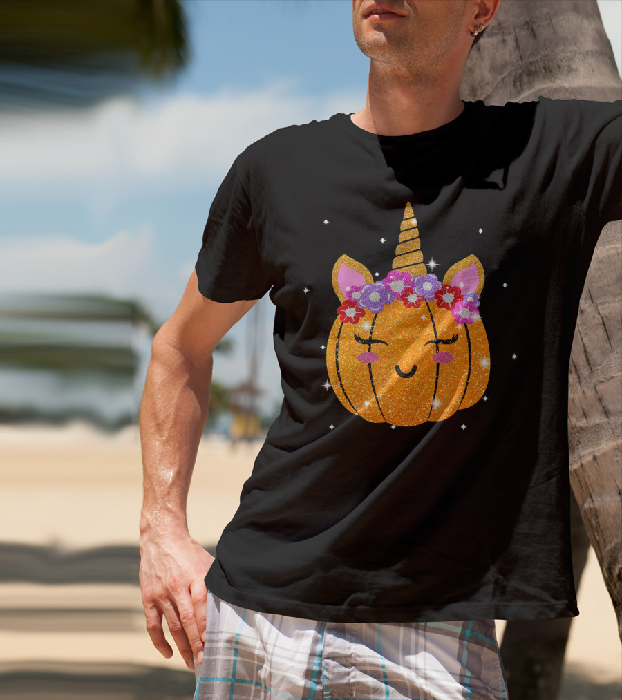 Cute Unicorn Pumpkin Glitter Funny Halloween Sparkles T-Shirt