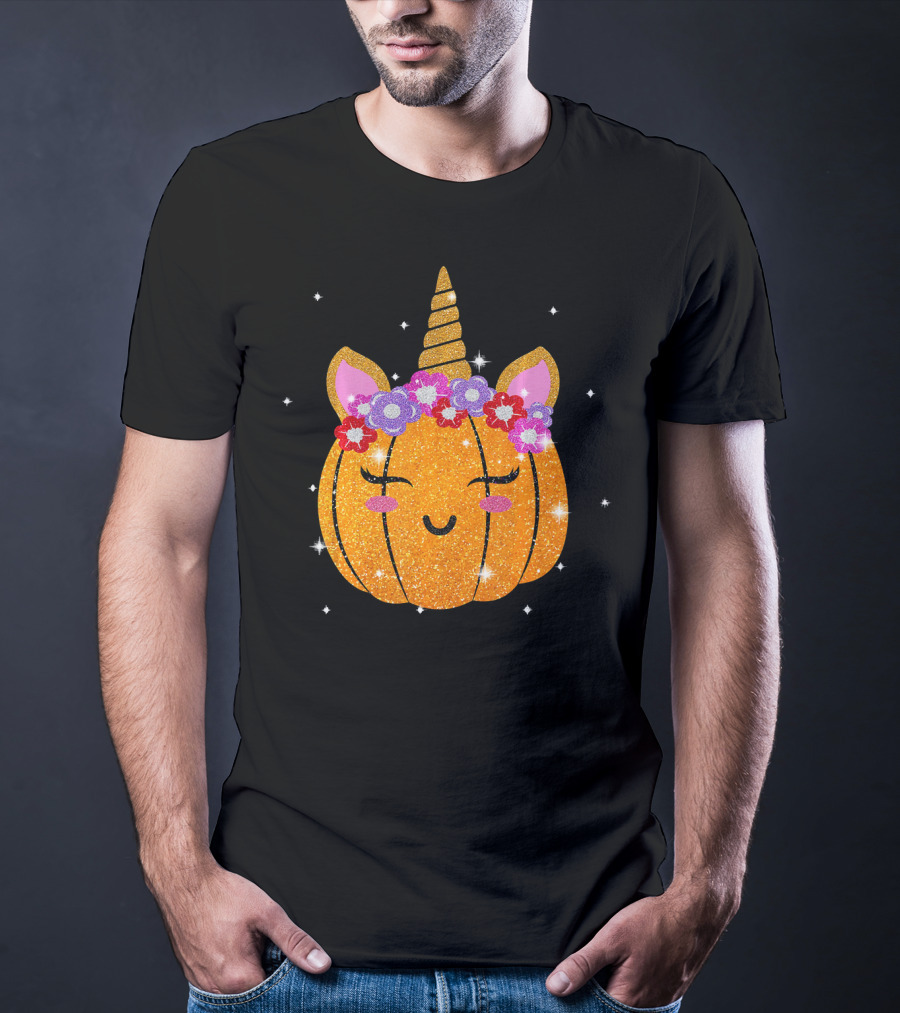 Cute Unicorn Pumpkin Glitter Funny Halloween Sparkles T-Shirt