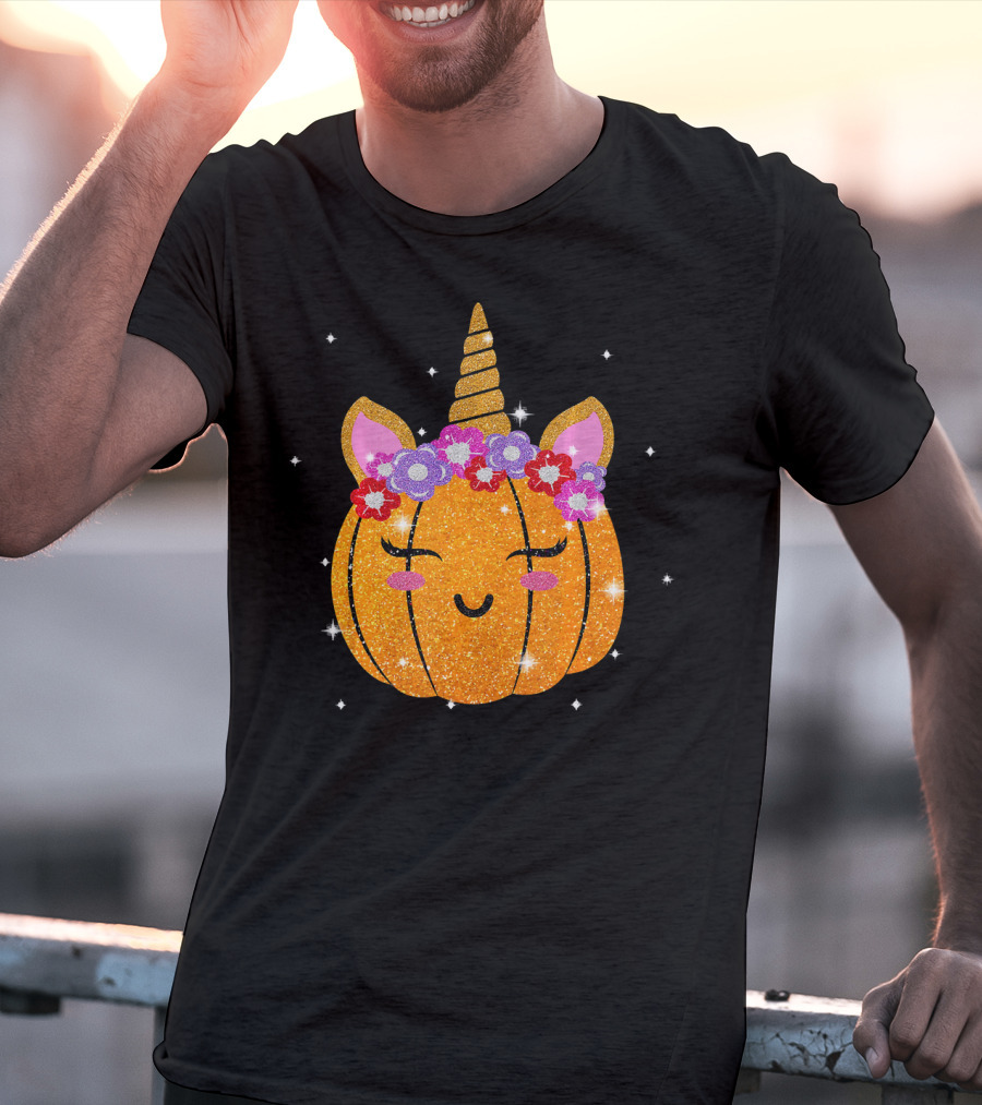 Cute Unicorn Pumpkin Glitter Funny Halloween Sparkles T-Shirt