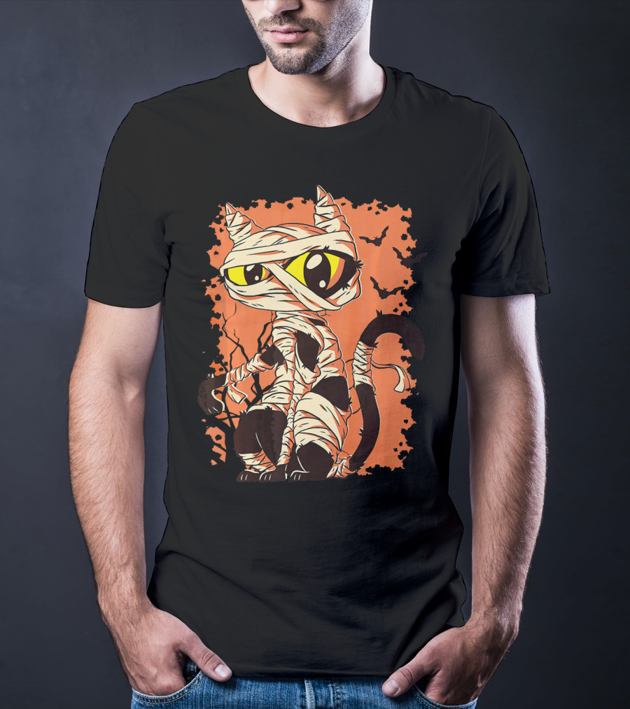 Mummy Cat With Yellow Eyes And Halloween Bats T-Shirt